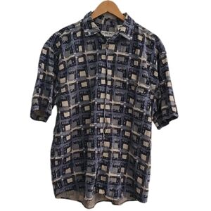 Porcini 100% Silk Short Sleeve Button Front Shirt Men’s L Blue Geometric Luxury